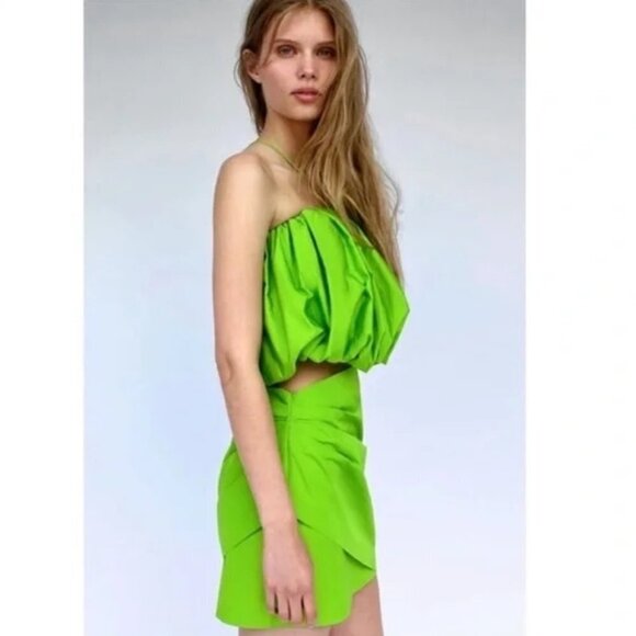 NWOT Zara lime green satin-effect gathered & draped high waisted mini skirt, S - Picture 8 of 15